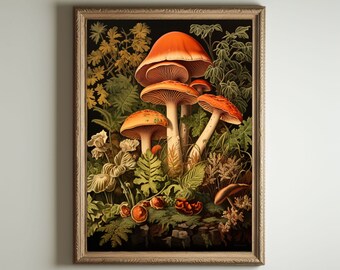 Mushroom Print, Dark Cottagecore Art, Goblincore Decor, Fairycore Oil Painting, Moody Antique Poster, Victorian Botanical Aesthetic