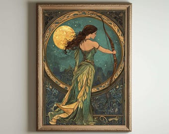 Jugendstil Druck, Art Noveau, Artemis Poster, Griechische Göttin der Jagd, Jugendstil Druck, Göttlich-Weibliche Kunst,Griechische Mythologie