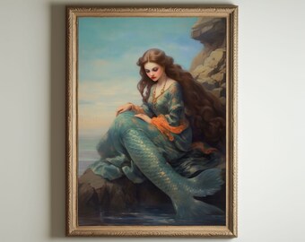 Mermaid Painting | Mermaid Art, Baroque Renaissance Wall Art Decor, Cottagecore Aesthetic Print, Light Academia, Victorian Oil Painting