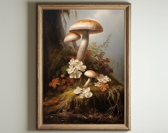 Mushroom Print, Dark Cottagecore Art, Goblincore Decor, Fairycore Oil Painting, Moody Antique Poster, Victorian Botanical Aesthetic