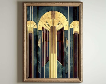 May include: A framed art print with a geometric design in shades of gold, blue, and red. The design features a series of arches and lines, creating a modern and abstract look.
