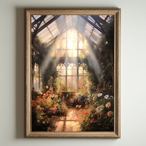Arte de invernadero/Decoración de pared barroca botánica renacentista, estética cottagecore, impresión de Light Academia, pintura al óleo de invernadero victoriano