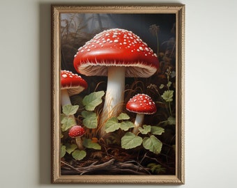 Mushroom Print, Dark Cottagecore Art, Goblincore Decor, Fairycore Oil Painting, Moody Antique Poster, Victorian Botanical Aesthetic