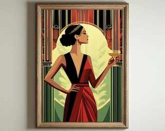 May include: A woman in a red and black dress with a crown on her head holds a glass of champagne. The background is a geometric pattern in shades of green, red, and gold.