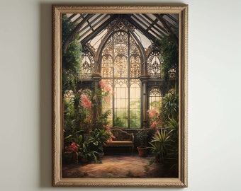 Greenhouse Art| Baroque Botanical Renaissance Wall Decor, Cottagecore Aesthetic, Light Academia Print, Victorian Conservatory Oil Painting