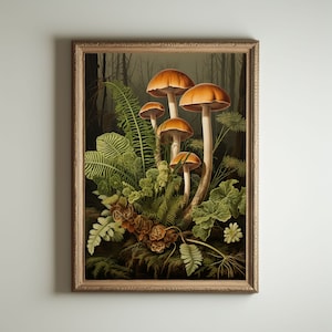 Mushroom Print, Dark Cottagecore Art, Goblincore Decor, Fairycore Oil Painting, Moody Antique Poster, Victorian Botanical Aesthetic