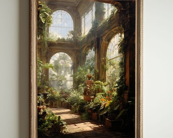 Greenhouse Art| Baroque Botanical Renaissance Wall Decor, Cottagecore Aesthetic, Light Academia Print, Victorian Conservatory Oil Painting