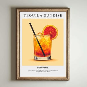 Tequila Sunrise Kunstdruck | Barwagen Dekor | Cocktail-Poster | Signatur Drink Sign | Trendy Minimalist Elegante raffinierte Retro glücklich