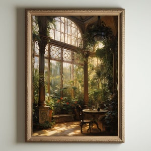 Gewächshaus Kunst | Barocke botanische Renaissance-Wanddekoration, Cottagecore-Ästhetik, leichte Academia-Druck, viktorianisches Wintergarten-Ölgemälde