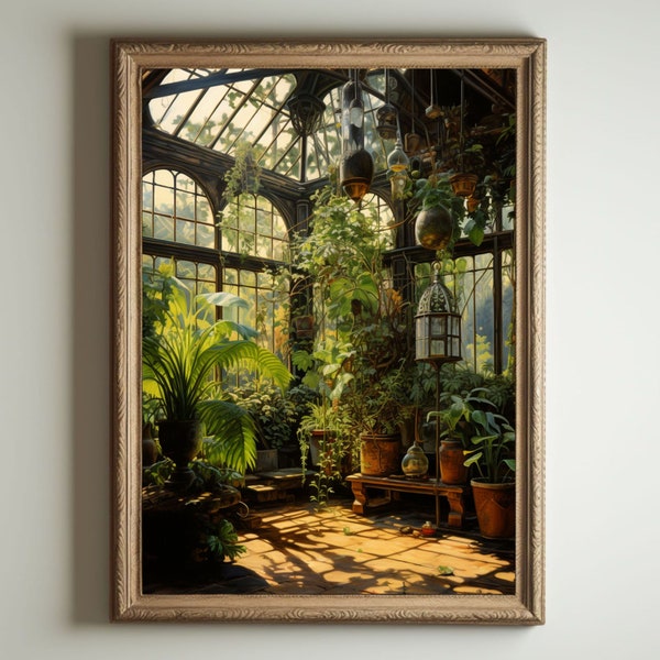 Växthuskonst | Barock botanisk renässansväggdekor, Cottagecore-estetik, ljus akademiskt tryck, viktoriansk vinterträdgårdsoljemålning