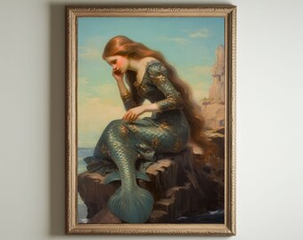 Mermaid Painting | Mermaid Art, Baroque Renaissance Wall Art Decor, Cottagecore Aesthetic Print, Light Academia, Victorian Oil Painting