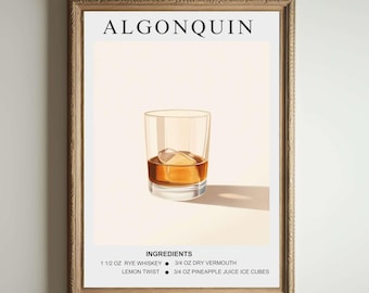 Impresión artística de Algonquin / Decoración de carrito de bar / Póster de cócteles / Letrero de bebida de autor / Moderno, minimalista, elegante, sofisticado, retro, happy hour