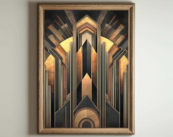 May include: A geometric art print with a gold, black, and brown color scheme. The design features a stylized cityscape with tall buildings and a sunburst pattern.