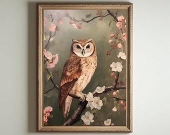 Owl, Cottagecore Print, Moody Botanical Wall Art, Goblincore Fairycore Decor, Dark Academia Oil Painting, Victorian Vintage Aesthetic