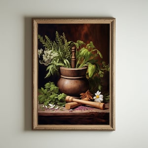 Mortaio e pestello / Decorazione murale rinascimentale botanica barocca, estetica cottagecore, stampa Light Academia, pittura a olio vittoriana