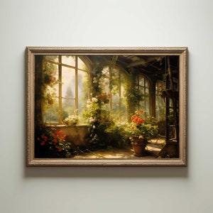 Impresión artística de invernadero / Decoración de pared renacentista botánica barroca, estética cottagecore, academia ligera, pintura al óleo de invernadero victoriano