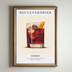 Lámina artística de Boulevardier / Decoración de carrito de bar / Póster de cócteles / Letrero de bebida de autor / Hora feliz retro, moderna, minimalista, elegante y sofisticada