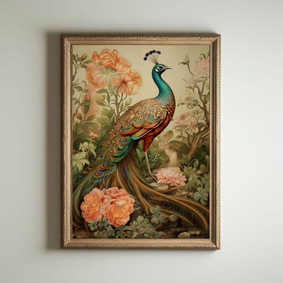 Peacock, Cottagecore Print, Moody Botanical Wall Art, Goblincore Fairycore Decor, Dark Academia Oil Painting, Victorian Vintage Aesthetic