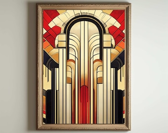 Peut inclure: Une estampe encadrée représentant un motif géométrique dans des tons de rouge, jaune, noir et blanc. Le motif ressemble à une arche avec des lignes verticales et des formes courbes.