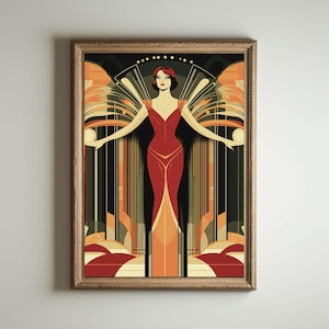 Puede incluir: Una impresión artística enmarcada que presenta a una mujer con un vestido rojo de pie en un diseño geométrico de estilo art déco. El fondo es una mezcla de verde, naranja y amarillo.
