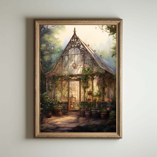 Greenhouse Art| Baroque Botanical Renaissance Wall Decor, Cottagecore Aesthetic, Light Academia Print, Victorian Conservatory Oil Painting