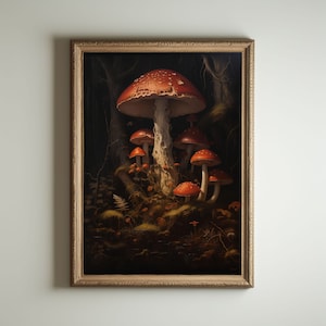 Mushroom Print, Dark Cottagecore Art, Goblincore Decor, Fairycore Oil Painting, Moody Antique Poster, Victorian Botanical Aesthetic