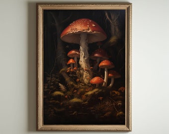 Mushroom Print, Dark Cottagecore Art, Goblincore Decor, Fairycore Oil Painting, Moody Antique Poster, Victorian Botanical Aesthetic