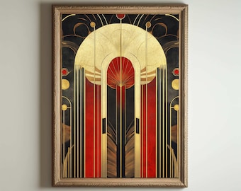 May include: Framed art print featuring an Art Deco design. The artwork showcases a symmetrical composition with gold, red, and black colors. The design includes geometric shapes and vertical lines, creating a vintage aesthetic.