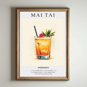 マイタイ アートプリント | バーカートの装飾 | カクテルポスター | 特製ドリンクサイン | トレンディでミニマリスト、エレガントで洗練されたレトロなハッピーアワー