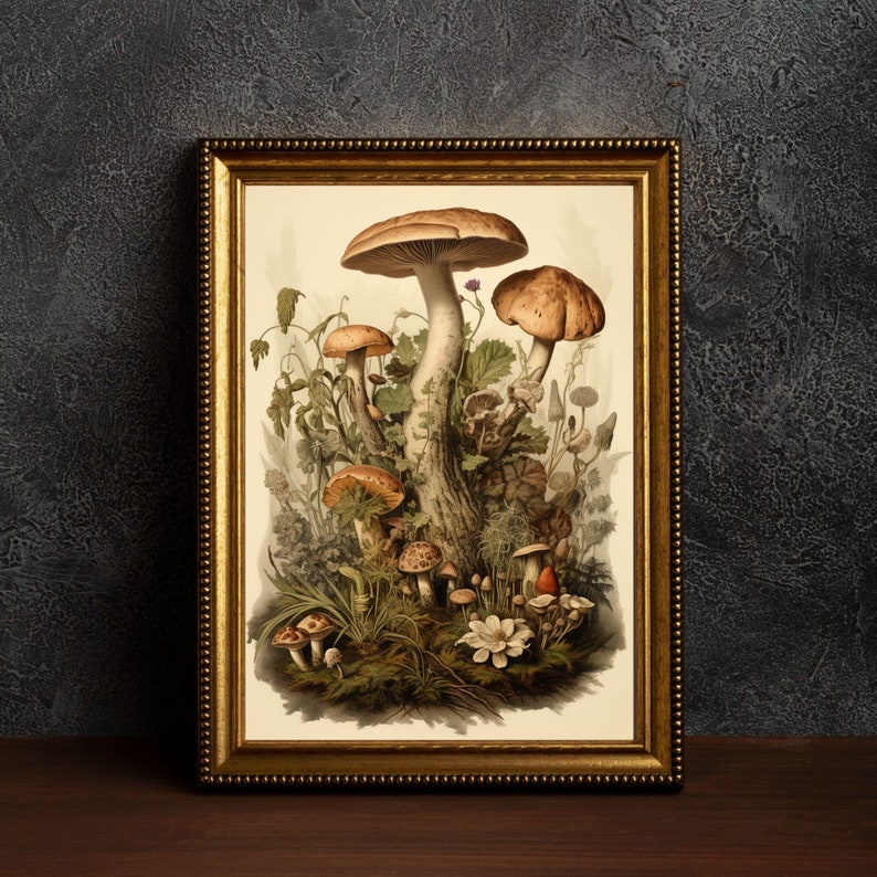 Mushroom Print, Dark Cottagecore Art, Goblincore Decor, Fairycore Oil Painting, Moody Antique Poster, Victorian Botanical Aesthetic image 2