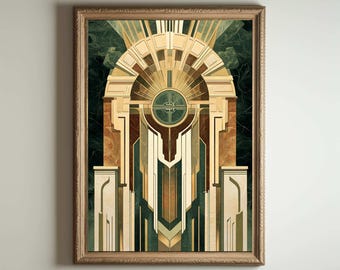 Peut inclure: Impression encadrée de style Art Déco avec un motif géométrique dans des tons beige, marron et vert. L'œuvre présente une composition symétrique avec un motif en forme de soleil et un élément circulaire au centre. Le cadre est en bois.