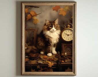 Cat, Cottagecore Print, Moody Botanical Wall Art, Goblincore Fairycore Decor, Dark Academia Oil Painting, Victorian Vintage Aesthetic