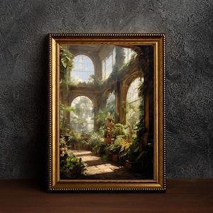 May include: A framed artwork depicts a sunlit greenhouse interior filled with lush greenery and potted plants. The painting features arched windows, a brick pathway, and a gold ornate frame, creating a serene and inviting atmosphere.