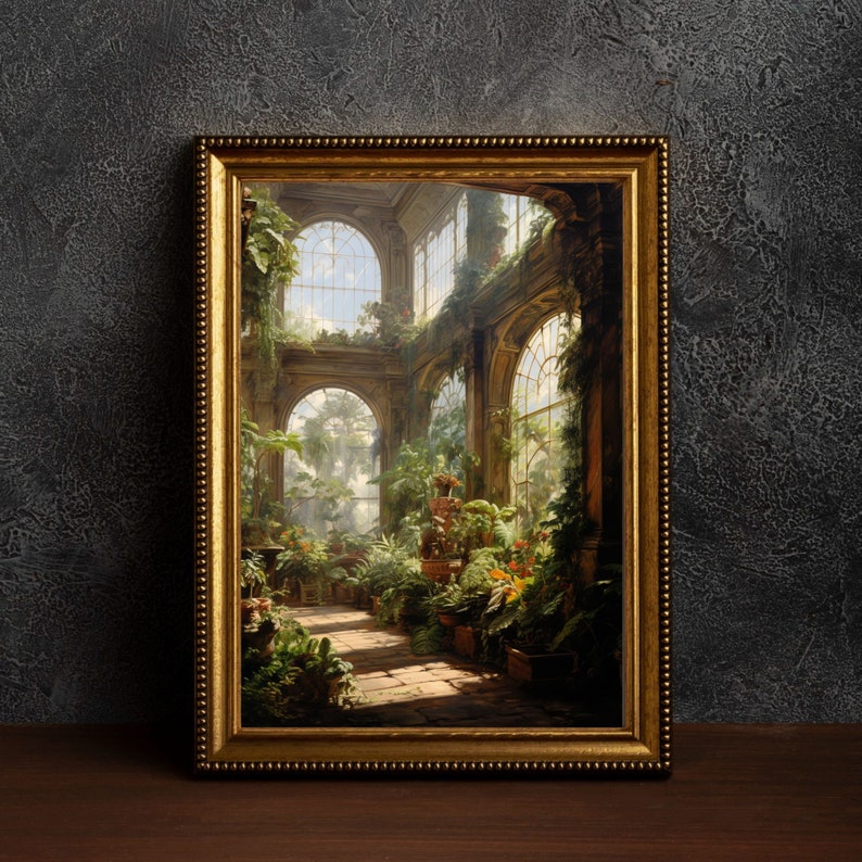 May include: A framed artwork depicts a sunlit greenhouse interior filled with lush greenery and potted plants. The painting features arched windows, a brick pathway, and a gold ornate frame, creating a serene and inviting atmosphere.