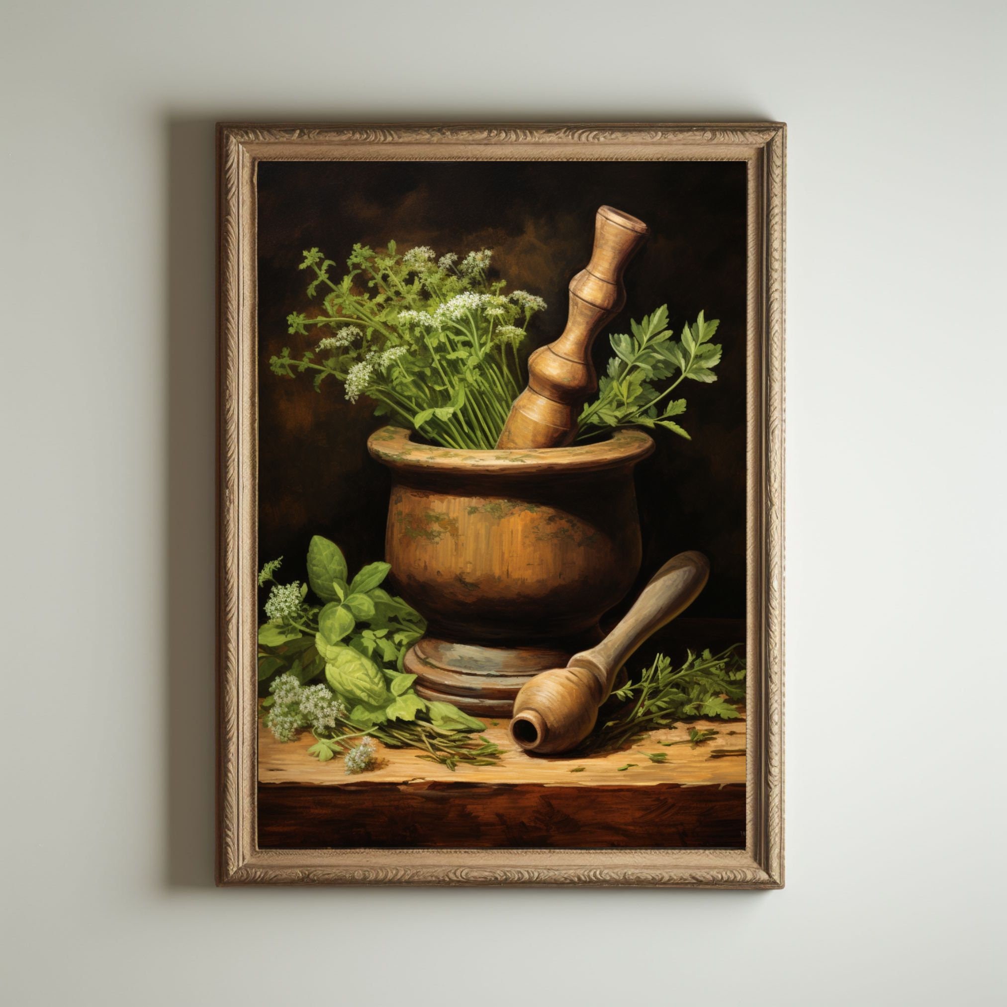 Mortar and Pestle | Baroque Botanical Renaissance Wall Decor, Cottagecore Aesthetic, Light Academia Print, Victorian Oil Painting