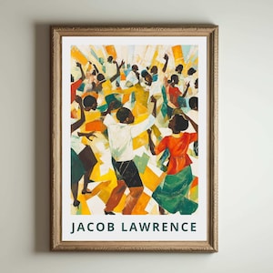 May include: A framed print of a painting depicting a group of people dancing. The people are all black and are wearing colourful clothing. The painting is by Jacob Lawrence and is titled "The Migration Series".