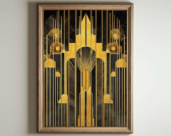 May include: A framed art print with a geometric design in gold and black. The design features a central tower with a series of arches and vertical lines.