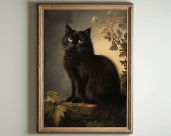 Black Cat, Cottagecore Print, Moody Botanical Wall Art, Goblincore Fairycore Decor, Dark Academia Oil Painting, Victorian Vintage Aesthetic