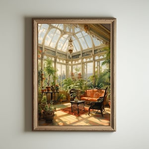 May include: A painting depicting a sunlit conservatory with a glass roof, featuring a red sofa, a wooden chair, a small table, and various potted plants.