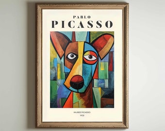 May include: A framed poster with a cubist style painting of a dog's face. The poster is titled "PABLO PICASSO" and includes the text "MUSEE PICASSO 1925".