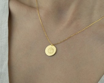 14K Solid Custom Engrave Disk Necklace, Solar Plexus Necklace, Manipura Yoga Necklace, Seven Chakra Symbol Jewelry, Hand Made Hindu Jewelry