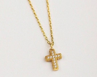 14k Solid Gold Cross Necklace • Cross Pendant Iced • Gifted Gold Jewelry • Dainty Minimal Cross Pendant • Christian Jewelry • Orthodox Cross