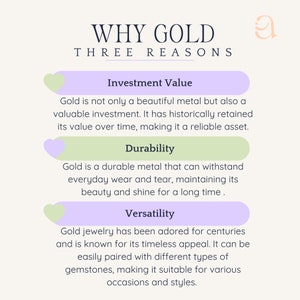 Infographic presenting the three main reasons for investing in 14K solid gold: investment value, durability, and versatility.