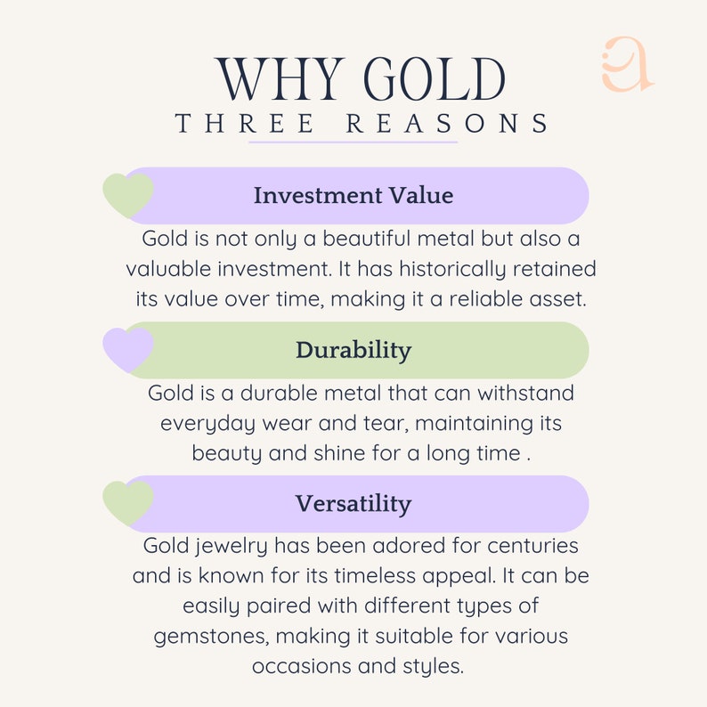 Infographic presenting the three main reasons for investing in 14K solid gold: investment value, durability, and versatility.