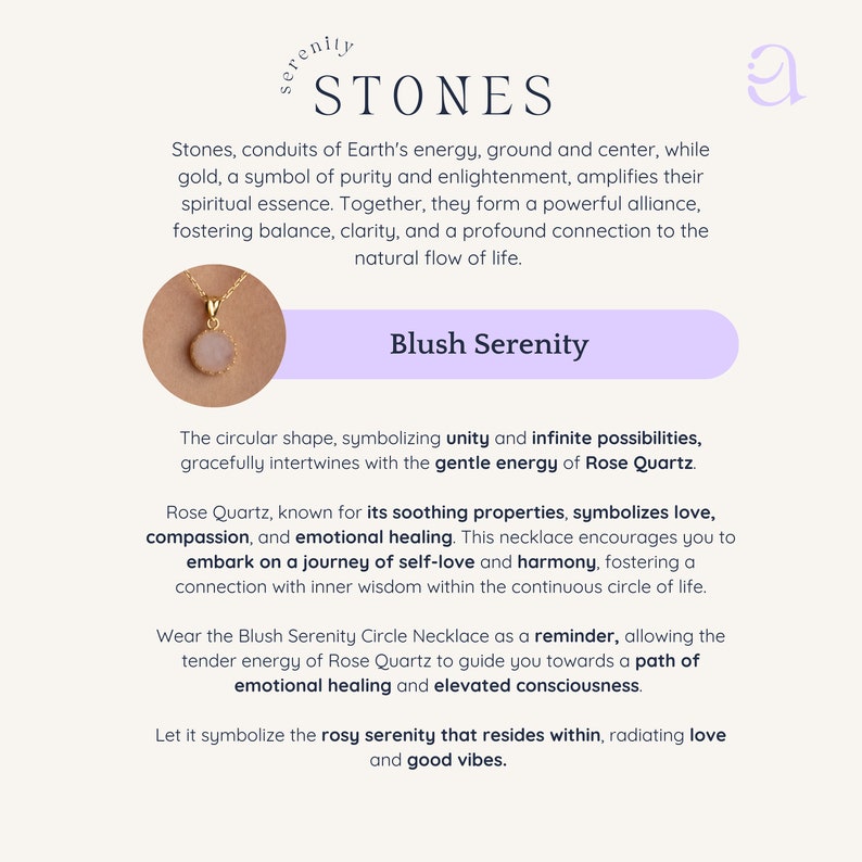 Infographic presenting the symbolic meaning of the 14K solid gold, circle shape Rose Quartz necklace necklace: Rose Quartz is known as the stone of unconditional love, it represents compassion, tenderness and healing.