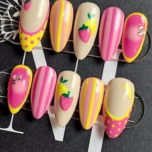 Pink Lemonade Press-On Nails | Cute Summer Fruit Nail Art | Reusable Handmade Press-on Nails