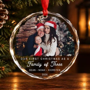 Personalized Family of Three Photo Ornament: New Baby's First Christmas