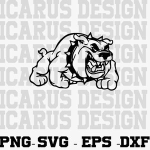 May include: Black and white vector illustration of a bulldog with a spiked collar, in a crouching position with its mouth open and teeth showing. The bulldog is facing the right side of the image.