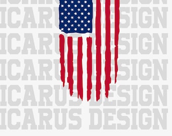 Puede incluir: Un diseño de bandera estadounidense desgastado con rayas rojas y blancas y estrellas azules. La bandera está deshilachada en los bordes, lo que le da un aspecto vintage.