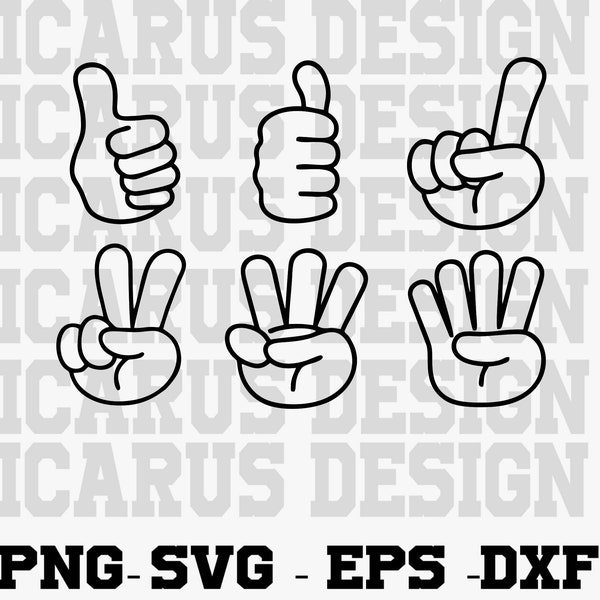 Vingertelling SVG, handtelling SVG, handvredesteken, handgebaar svg, hand clipart, gesneden bestanden voor silhouet Cricut, dxf, png, eps